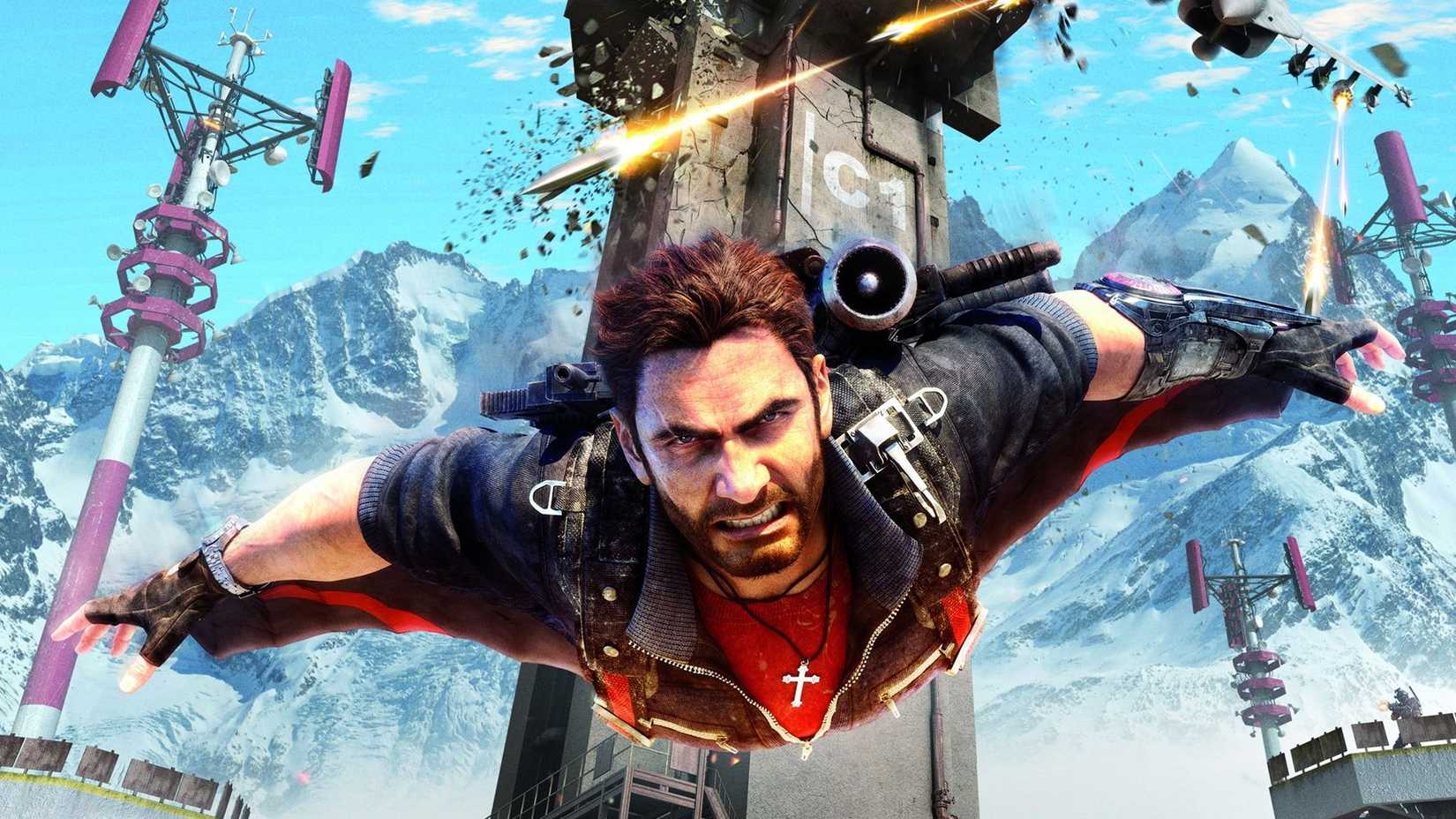 Rico Rodriguez using his wingsuit in Just Cause 3.