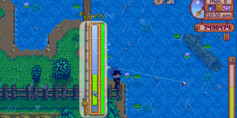 A player going for a perfect catch while fishing in Stardew Valley. 