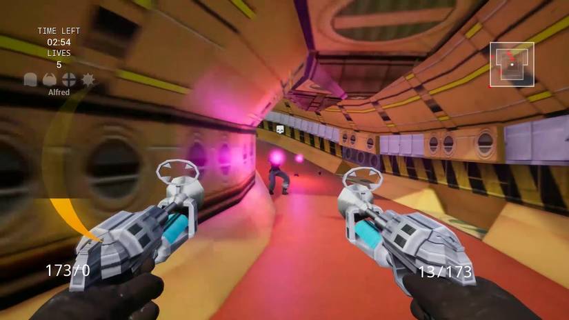 A screenshot of the Timesplitter running in the corridor
