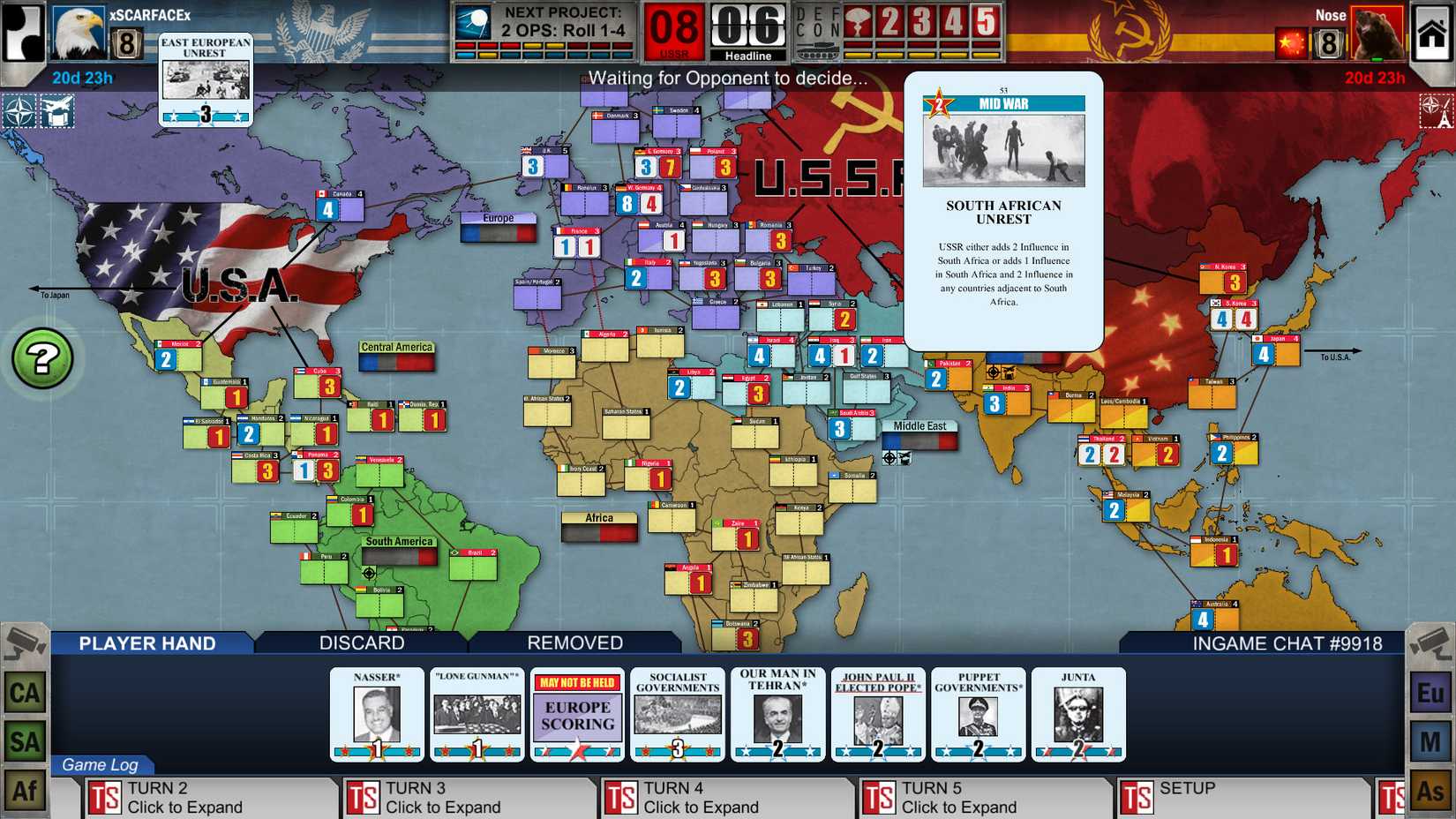 A player who is seeing South Africa anxiety during the twilight struggle online.