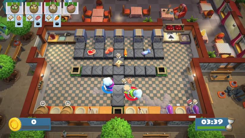 Overcooked 2 Kevin level 8 conveyor belt kitchen steak and fish sushi