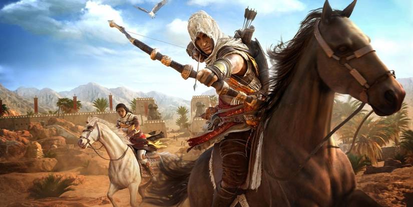 Bayek Firing a bow from horseback in Assassin's Creed Origins.