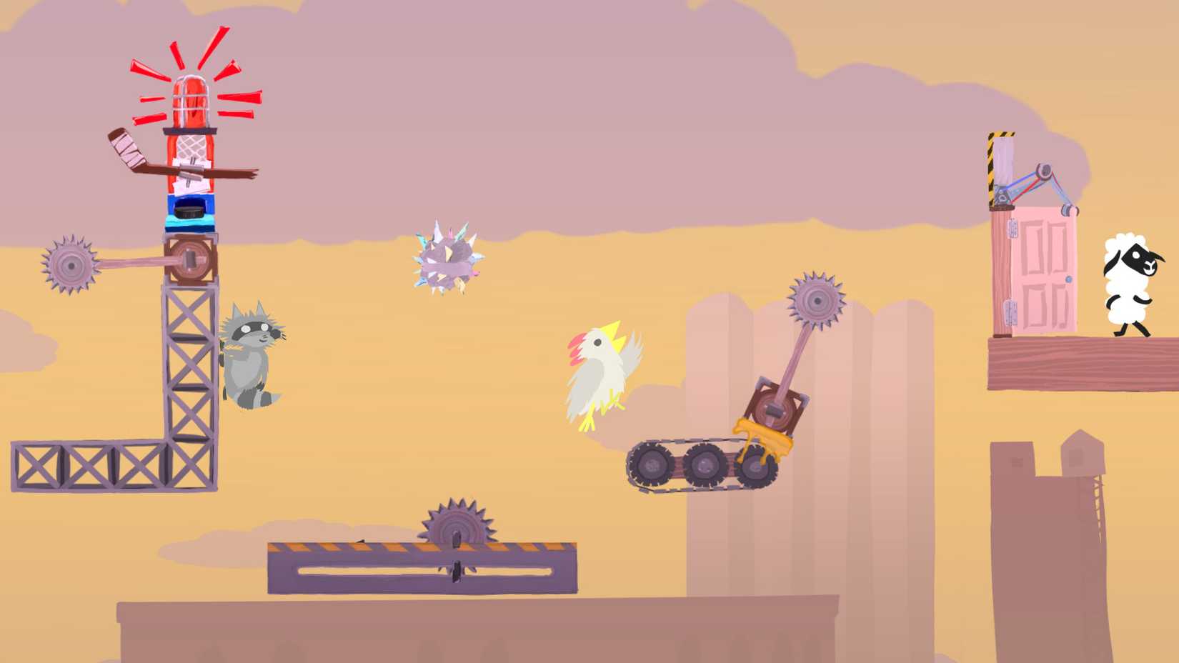 A chicken jumping on a conveyor belt while a raccoon watches the Ultimate Chicken Horse game.