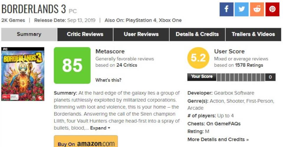 Borderlands 3 Has Suspiciously Few Review Scores On Metacritic