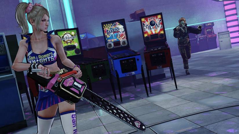 Juliet holding a chainsaw while waiting for zombies in Lollipop Chainsaw.