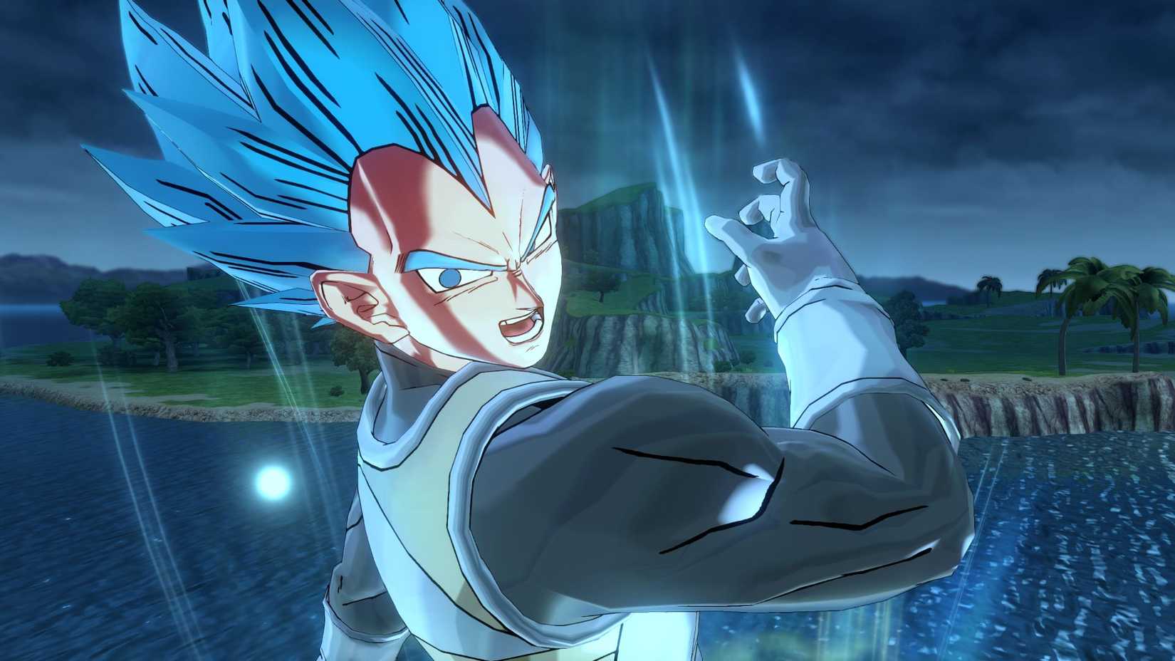 Super Saiyan Blue Vegeta with his arm out in Dragon Ball Xenoverse 3.