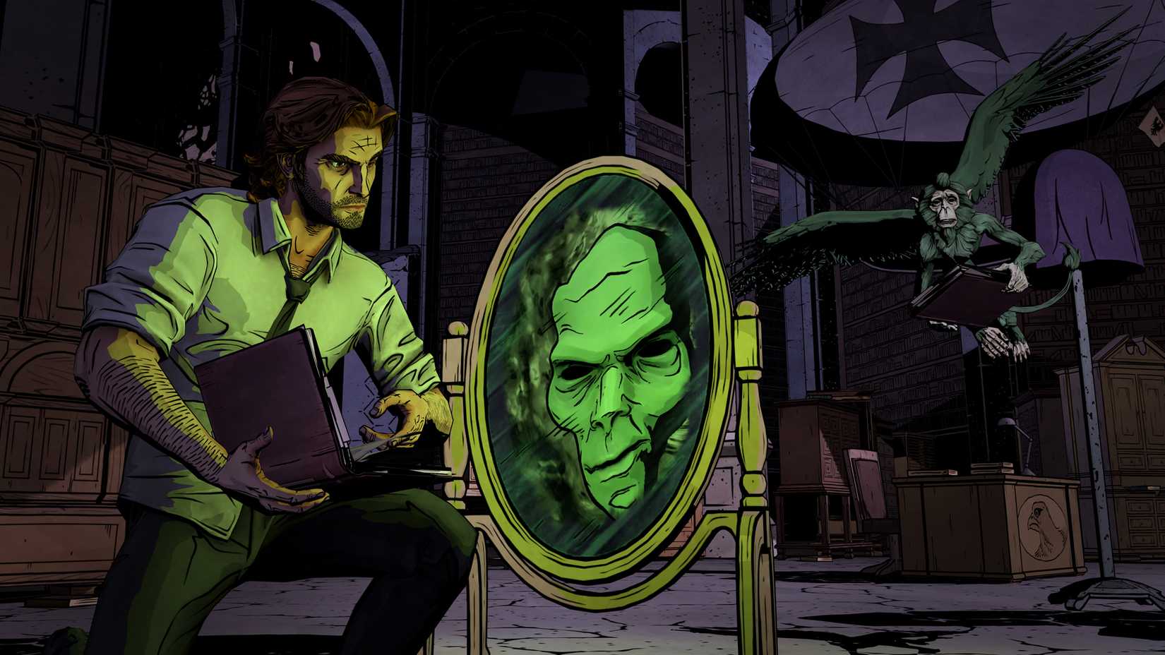 Bigby talks to a mirror in A Wolf Among Us.