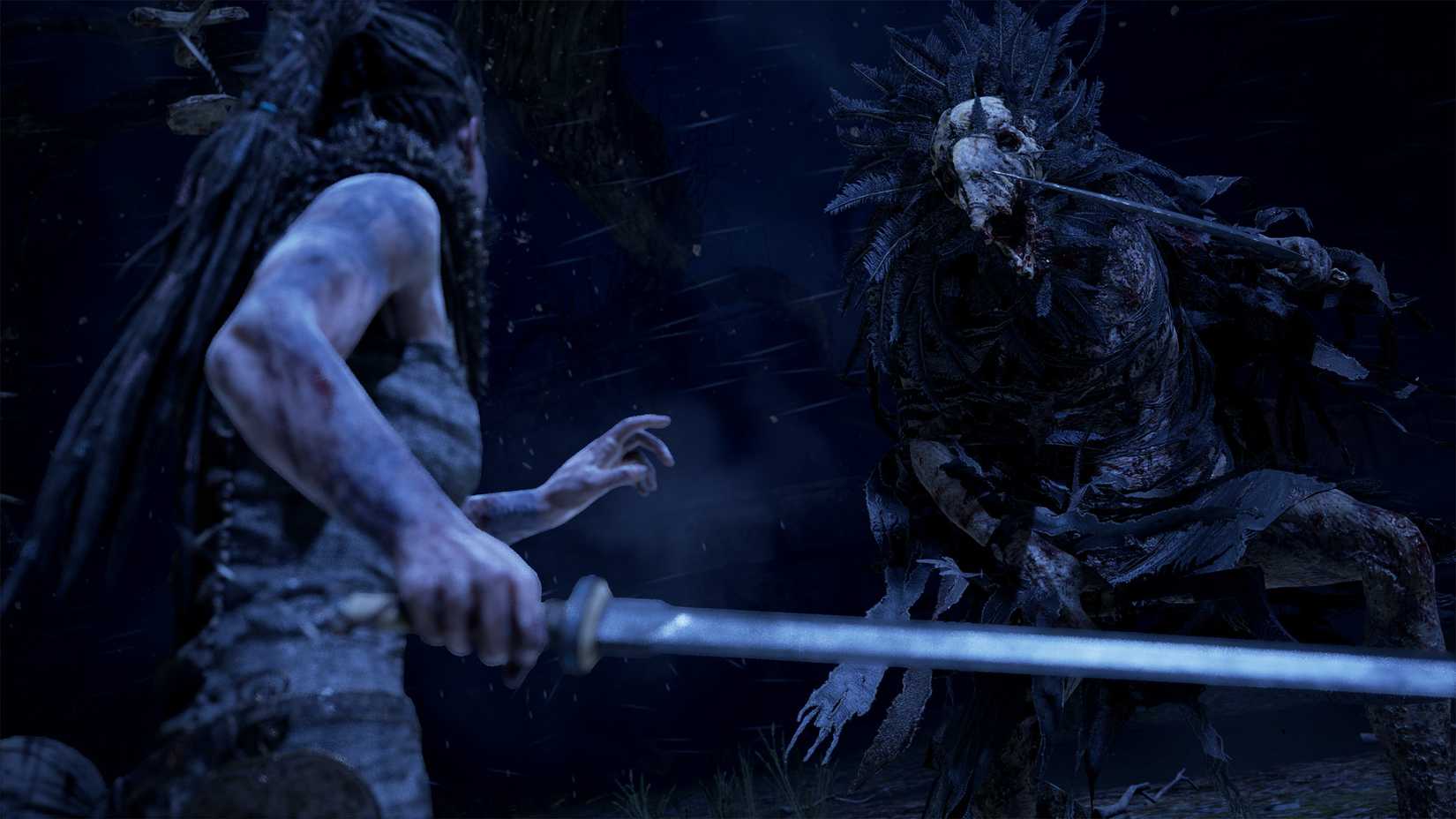 Three Noir is holding a blade at the sacrifice of Hellblade Senua.