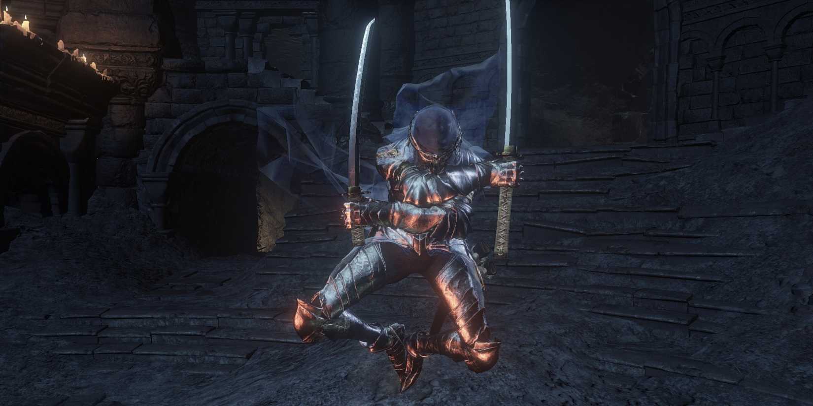 An Ashen One performing a stylish attack with the Onikiri and Ubadachi weapons in Dark Souls 3.