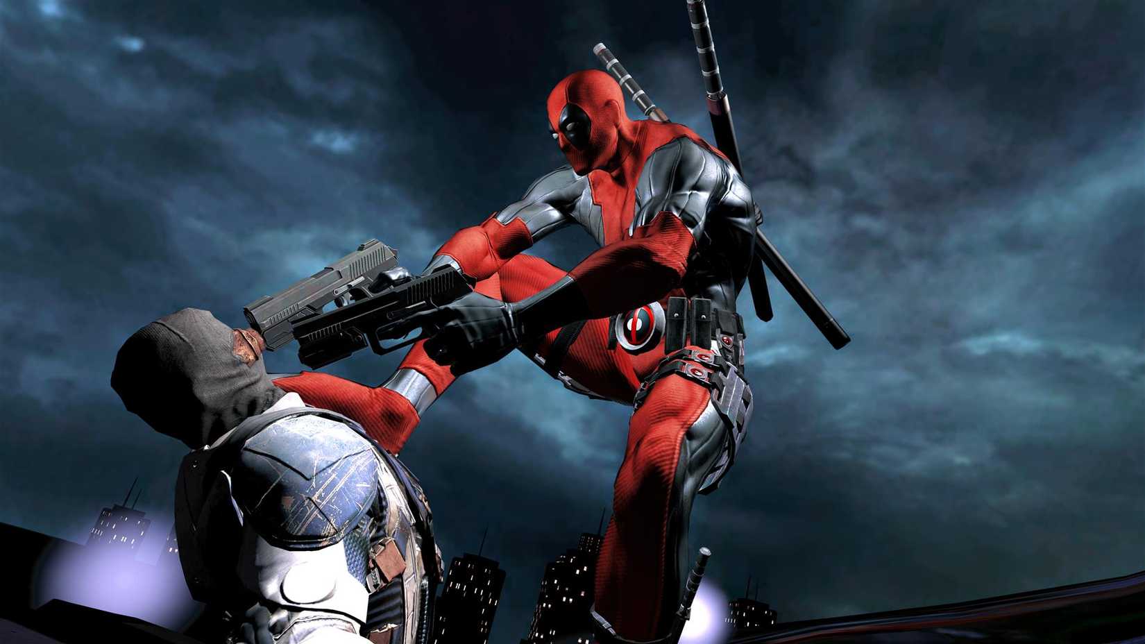 Deadpool pointing a gun in someone's face in Deadpool.