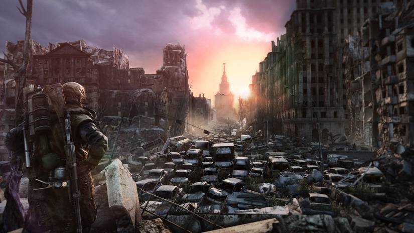 Metro: Last Light Redux Artyom overlooking a city.