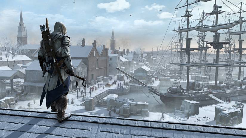 Conor Kenway looks over the snowy city in Assassin's Creed 3.