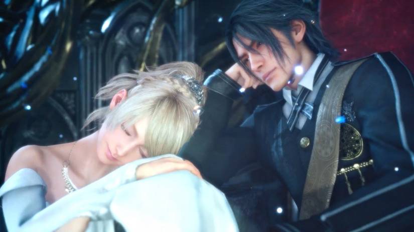 A picture from the stage after the Credits scene in Final Fantasy 15, which shows Noctis and Lunafreya rest in the afterlife.