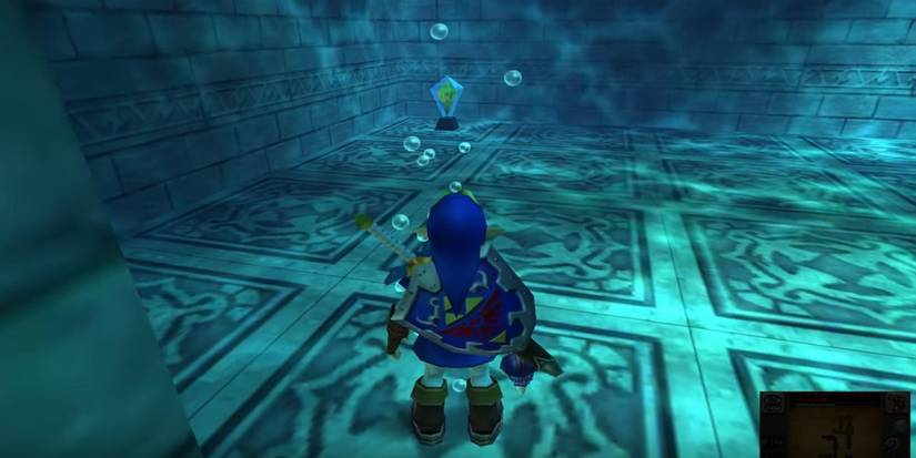 Link standing underwater in the Water Temple of Ocarina of Time