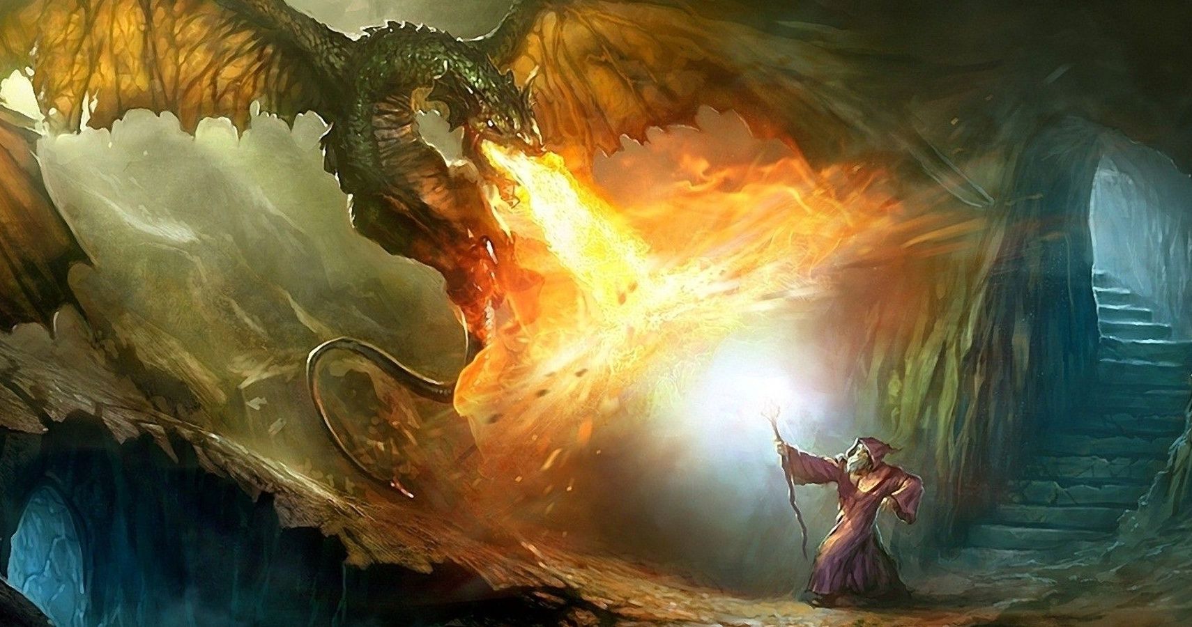 A wizard casting a protective spell against a dragon's breath attack in combat