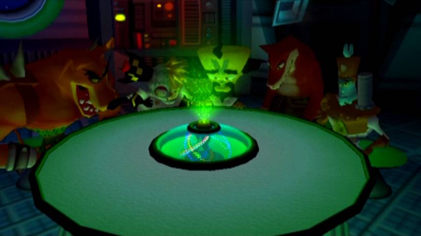 Cortex, the villain in Crash Bandicoot Wrath, sitting around a table.