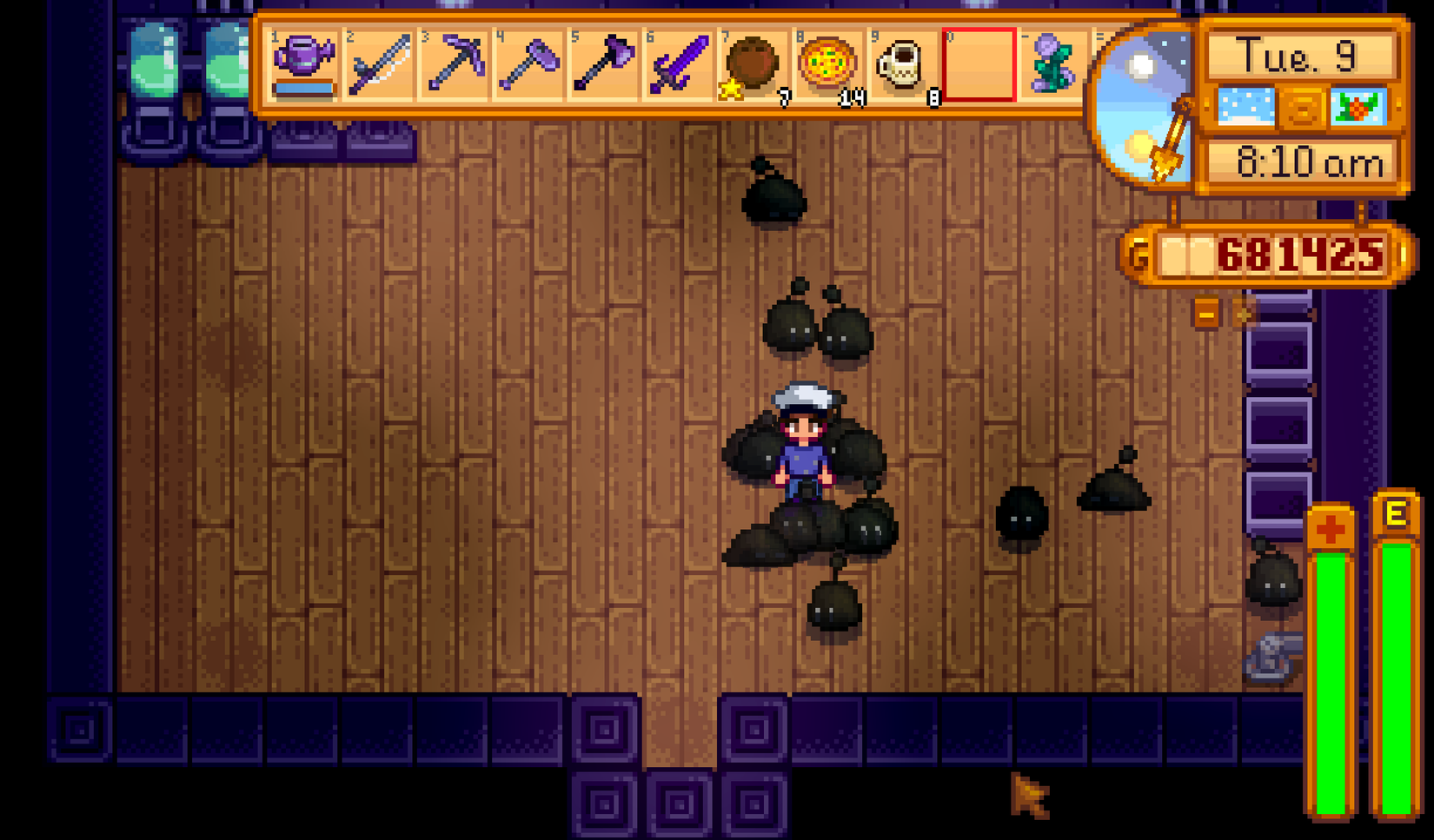 player standing in slime hutch with black slimes