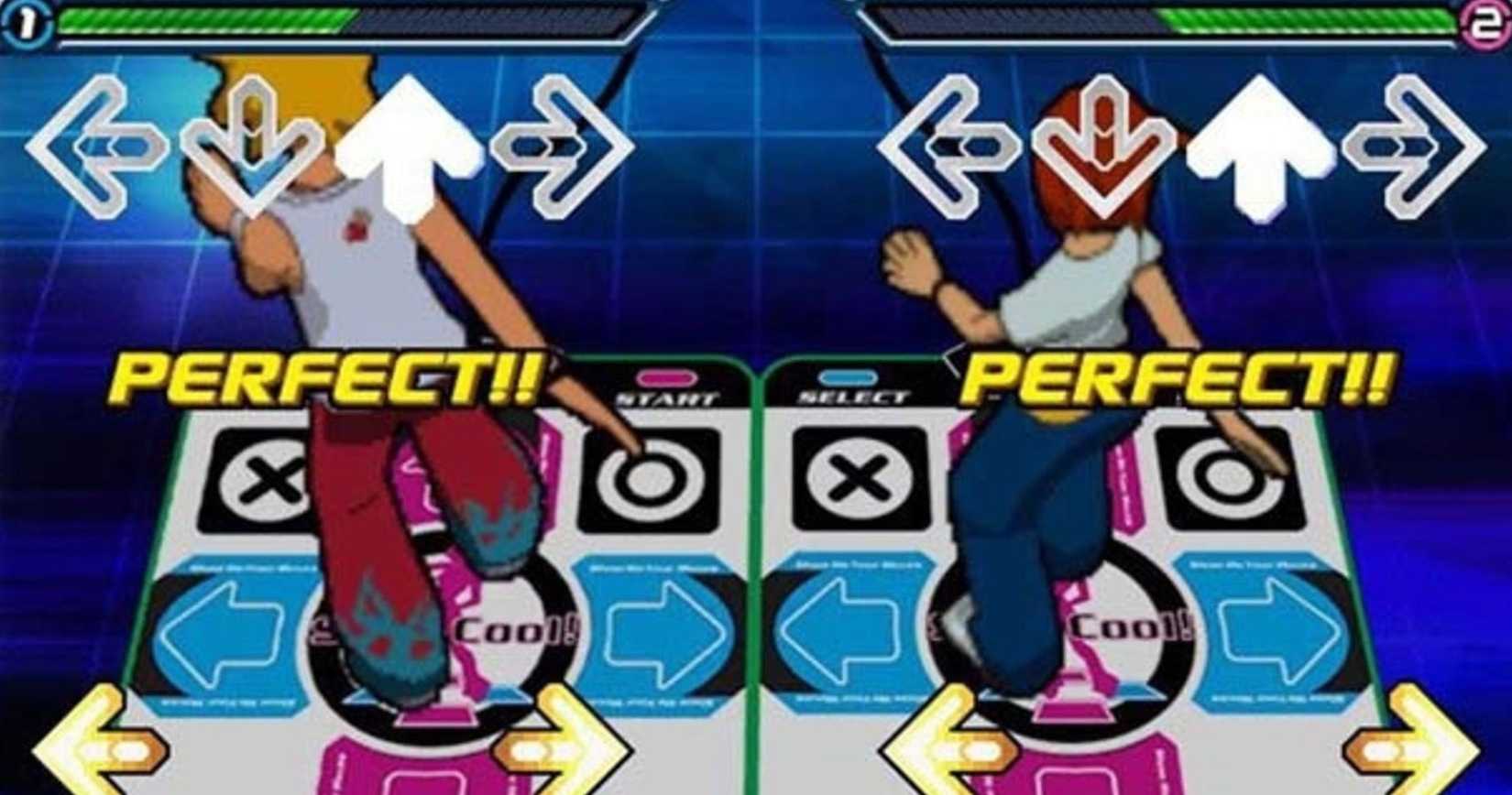 Two players playing Dance Dance Revolutiuon.