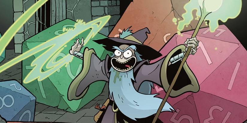 wizard rick casting spells with giant d20s behind him