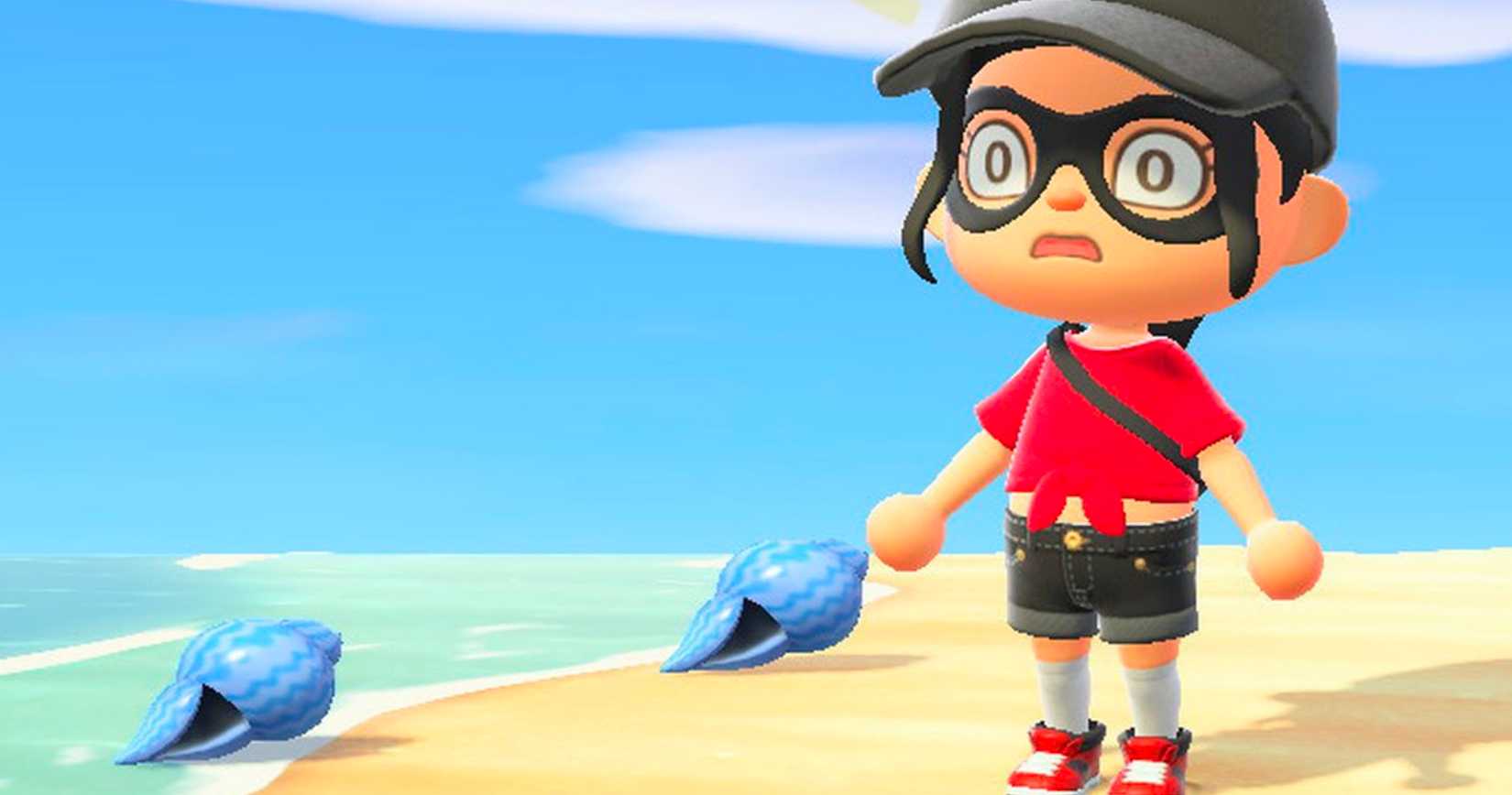 A villager looks surprised on the beach next to two Summer Shells in Animal Crossing New Horizons.