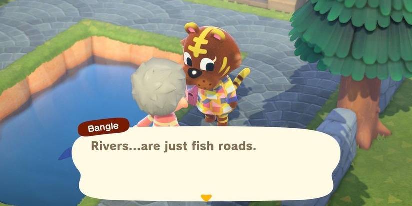 Talking to Bangle beside a small pond in Animal Crossing: New Horizons.