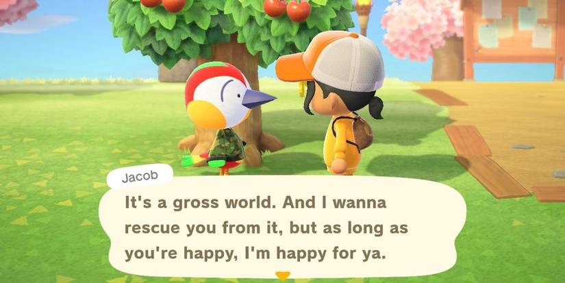 Talking to Jacob in Animal Crossing New Horizons.