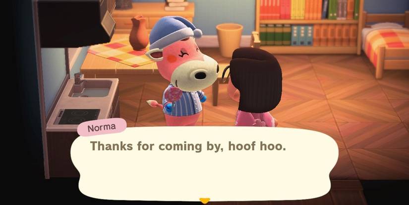 Talking to Norma in her house in Animal Crossing: New Horizons.
