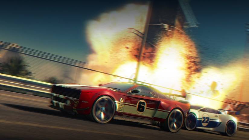 Two cars driving with explosions in the background in Split/Second.