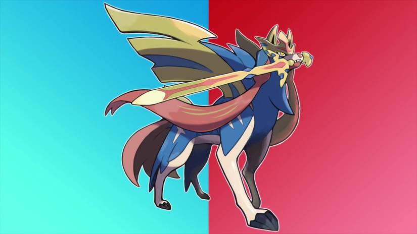 Crowned Zacian stands regally in front of a red and blue background.