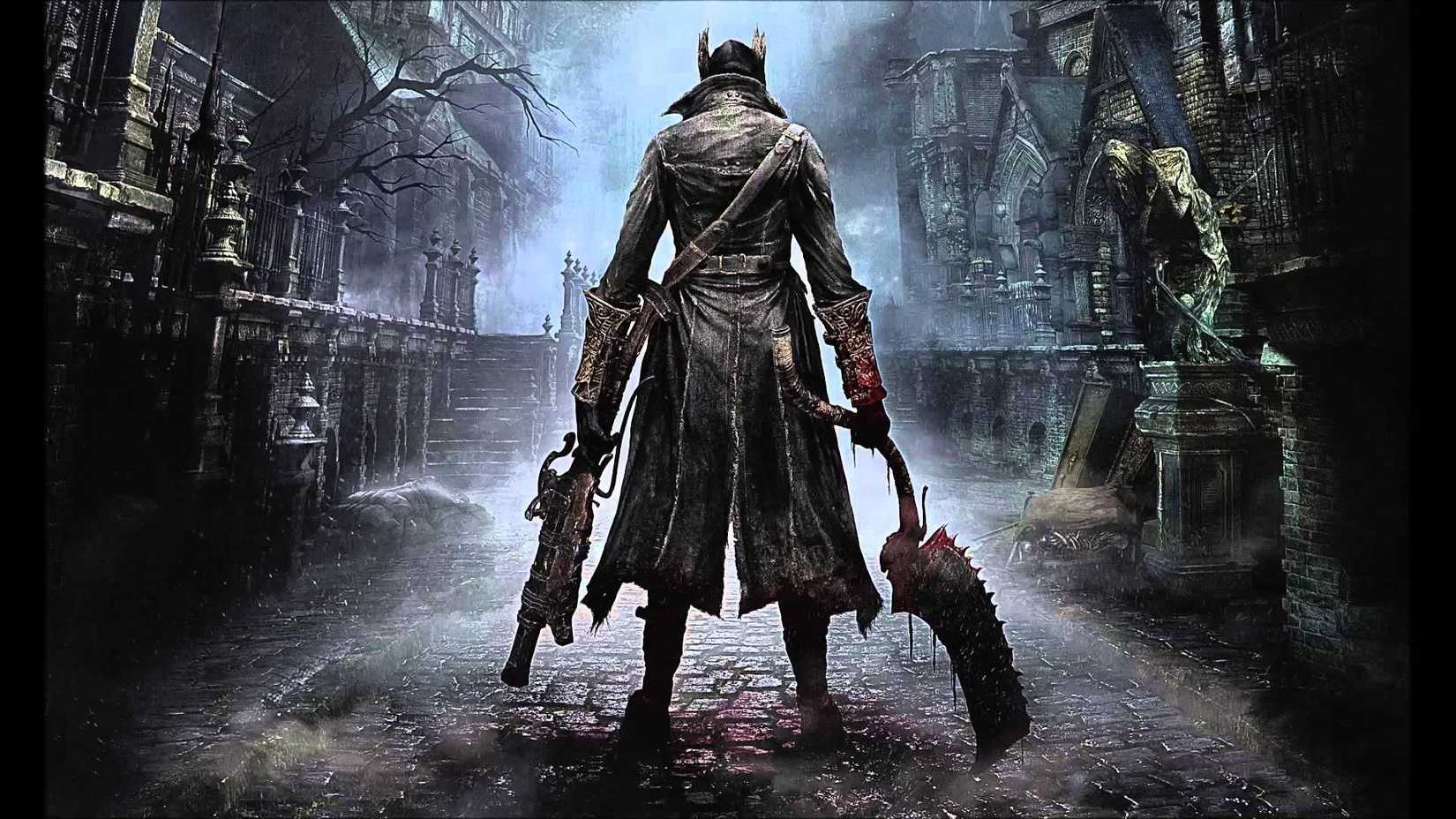 Bloodborne Key art with hunters in Yharnam. 
