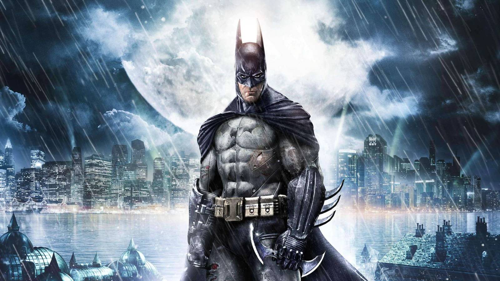 Batman standing in front of Gotham City for Batman Arkham Asylum.