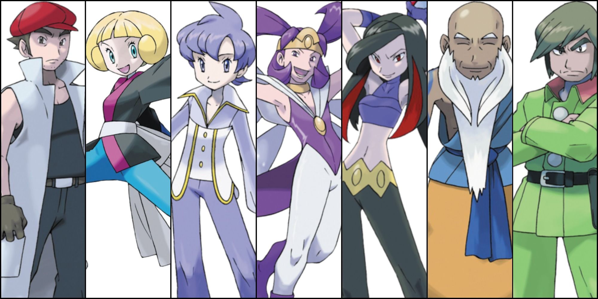 A horizontal digital illustration displays seven distinct anime-style characters from the Pokémon franchise, arranged side by side in vertical panels against white backgrounds.From left to right:Noland (Factory Head): A fair-skinned man with dark hair wearing a red newsboy cap, a white high-collared vest over a dark grey tank top, dark trousers, and dark gloves. He looks forward with a neutral expression.Greta (Arena Tycoon): A energetic young woman with bright yellow hair styled in two spherical buns on the sides of her head. She wears a black and pink martial arts uniform top, bright blue leggings, and a white sash, smiling enthusiastically with one arm extended.Tucker (Dome Ace): A slender man with light blue or lavender hair styled upward. He wears a flamboyant, shiny white suit with gold trimming and open lapels, posing with a confident smirk.Lucy (Pike Queen): A woman with long black hair featuring red streaks underneath. She wears a cropped purple sleeveless top, a gold decorative belt, and dark grey trousers, striking a dynamic pose with an asymmetric, confident expression.Spenser (Palace Maven): An elderly, bald man with a thick, long white beard. He wears a simple blue tunic over orange pants with a blue sash around his waist, keeping his eyes closed with a peaceful, calm expression.Anabel (Salon Maiden): A character with short, lilac-colored hair wearing a stylized purple and white outfit that resembles a tight tunic or superhero suit, with large decorative purple fabric elements flairing out behind them, smiling warmly.Brandon (Pyramid King): A stern-looking man with short, olive-green hair. He wears a structured green military-style jacket with large buttons and a dark belt over a red-collared shirt, keeping his arms crossed over his chest.