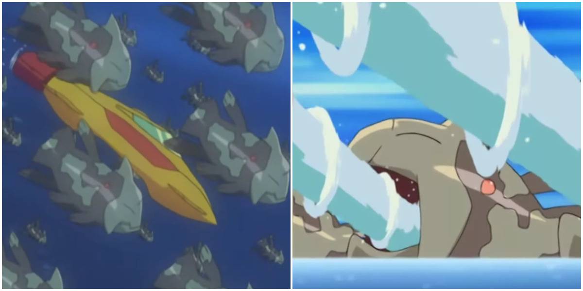 Pokemon Anime Relicanth zwemt met Submarine en gebruikt Water Pump