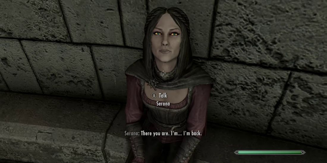 Serana speaking with the dragonborn in fort dawnguard in Skyrim.