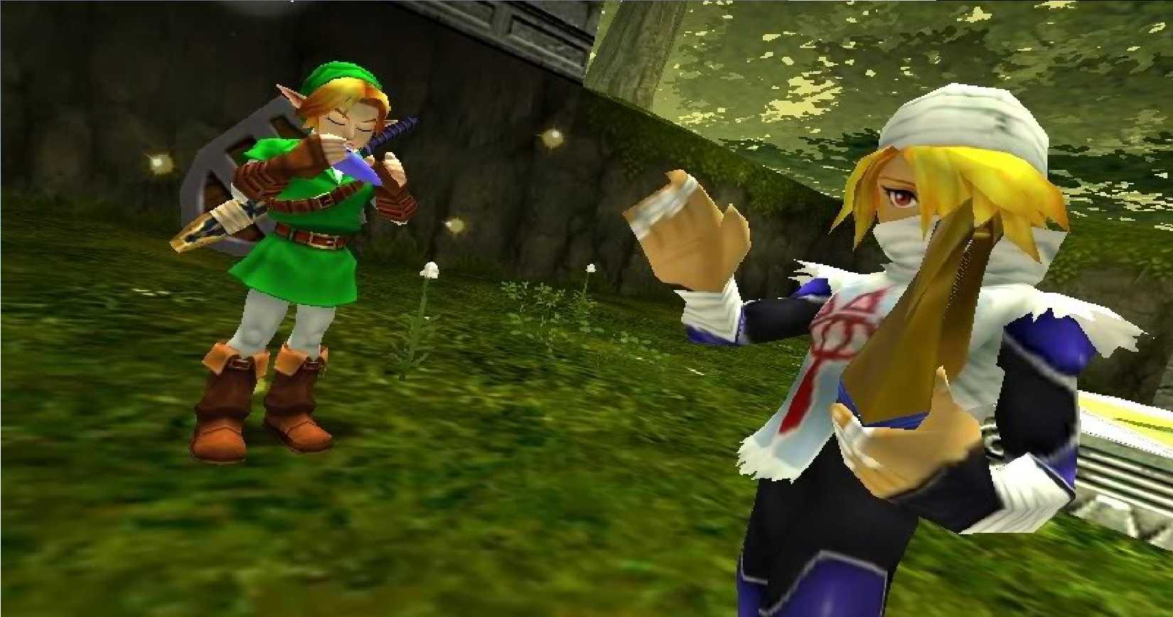 Sheik and Link playing instruments in the Kokiri Forest in The Legend of Zelda Ocarina of Time.