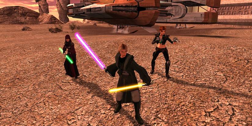 The Exile and her companions stand side by side on Korriban in Star Wars: Knights of the Old Republic 2: The Sith Lords.