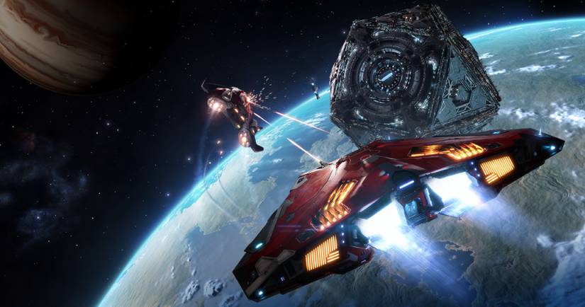 Elite Dangerous Shooting A Robot Near A Space Station
