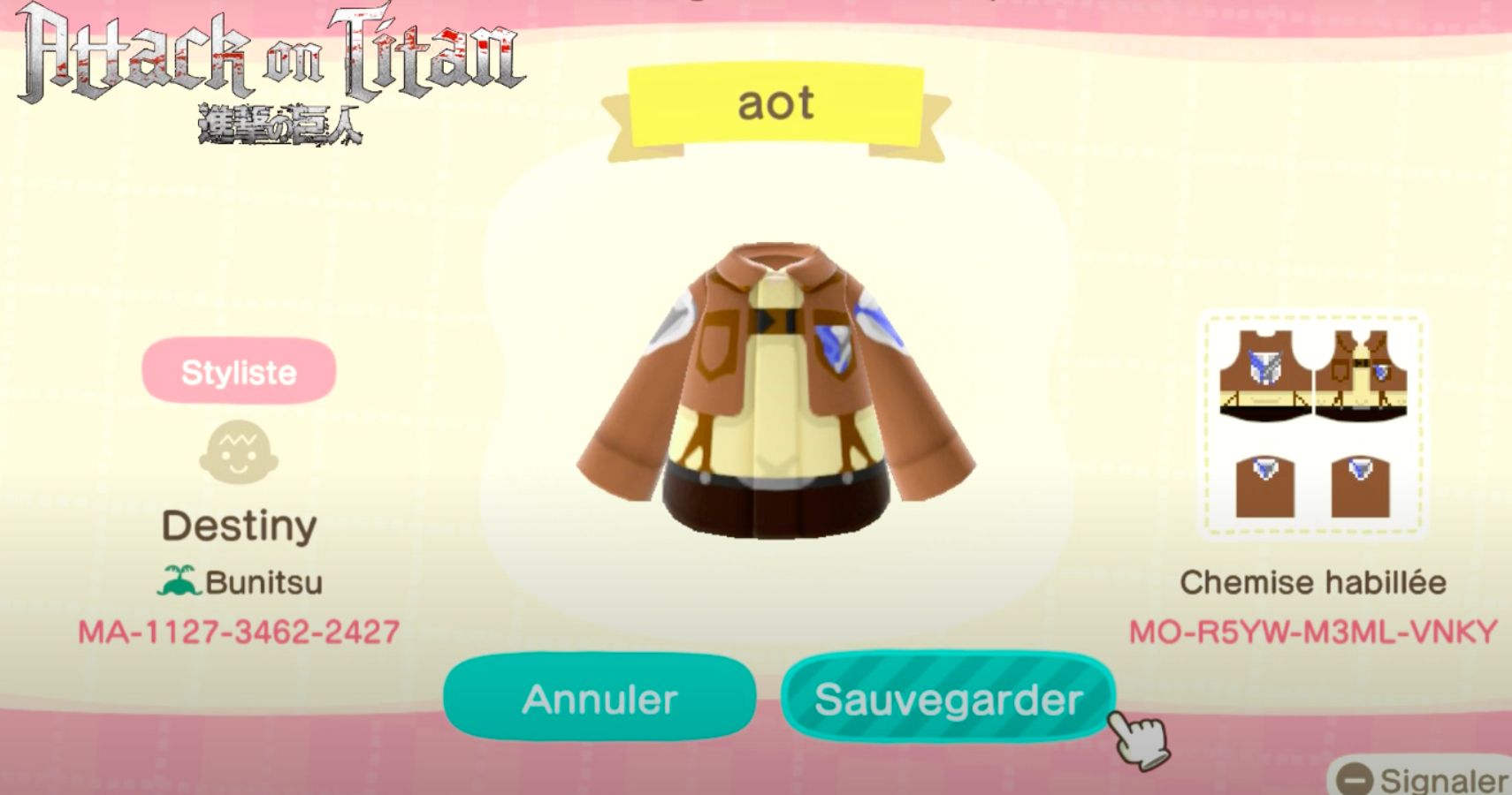 Animal Crossing: New Horizons - Codes For Attack On Titan Outfits