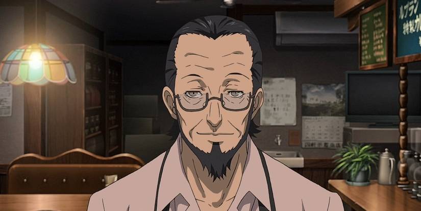 Sojiro Sakura smiling while he's standing in LeBlanc in Persona 5 Royal.