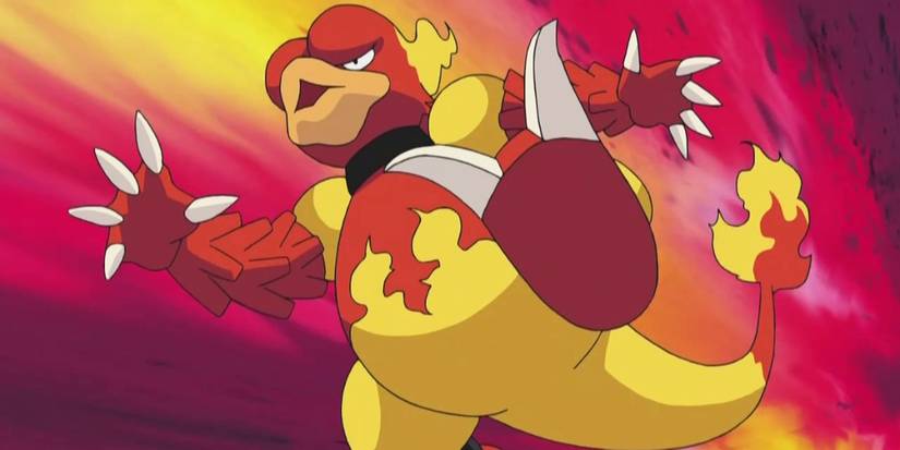 Magmar jumping forward aggressively the Pokemon anime.