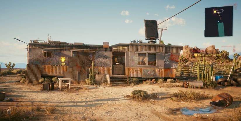 A ramshackle building on the outskirts of Night City in Cyberpunk 2077