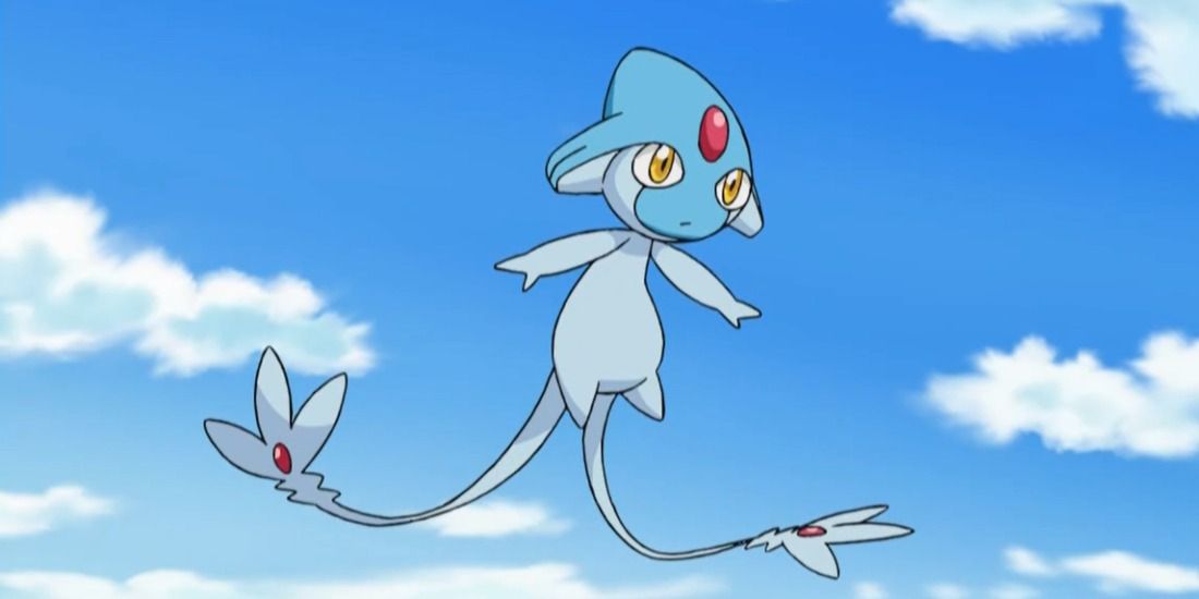 Azelf floating over a blue sky in the Pokemon anime