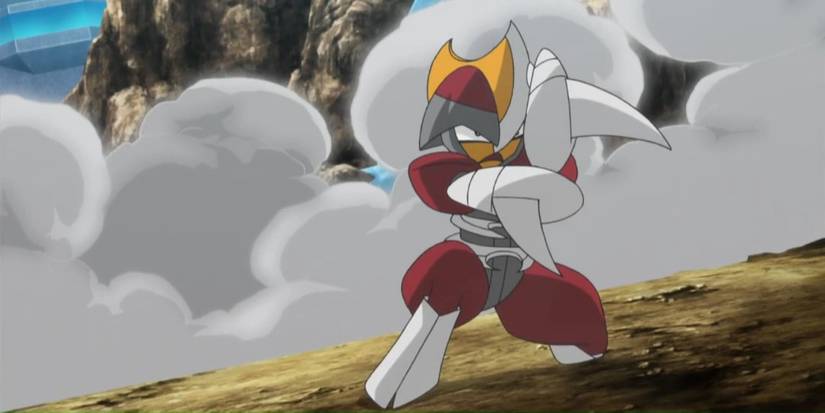 Bisharp landing from an explosion in the Pokemon anime