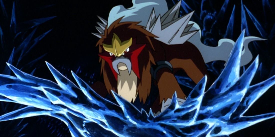 Entei standing on a crystal cliff in the Pokemon anime