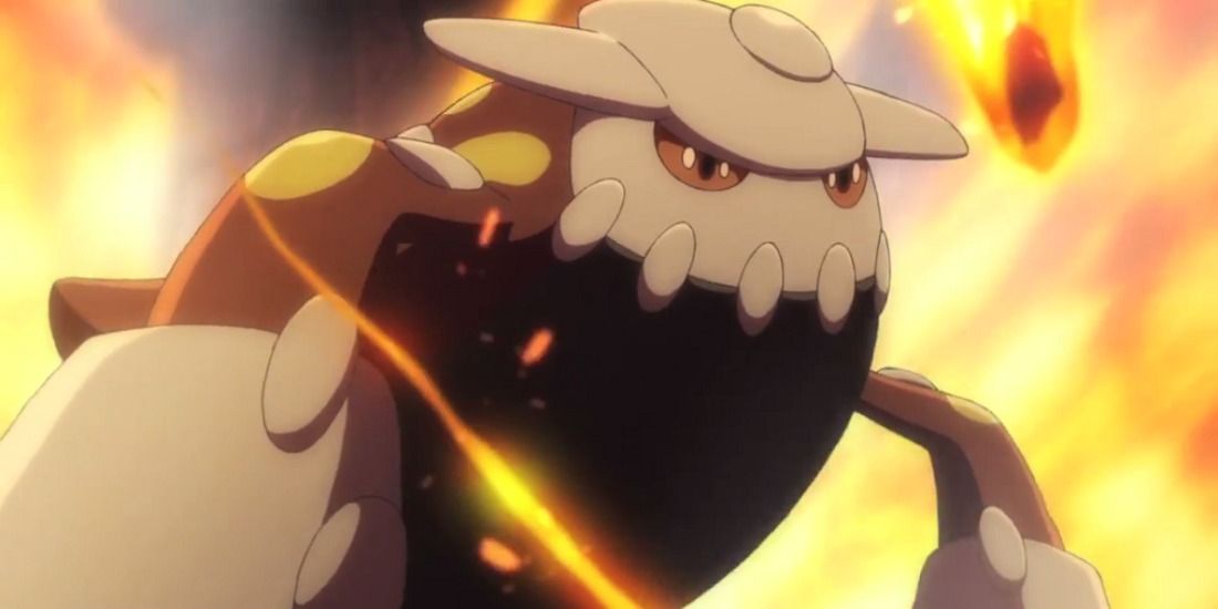 Heatran surrounded by a Magma Storm in the Pokemon Anime