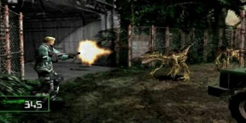 A man shoots a velociraptor in Dino Crisis 2