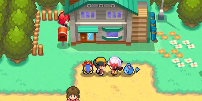 Ethan, Lyra, Cyndaquill, And Marill Meeting In New Bark Town in Pokemon Heartgold Soulsilver.