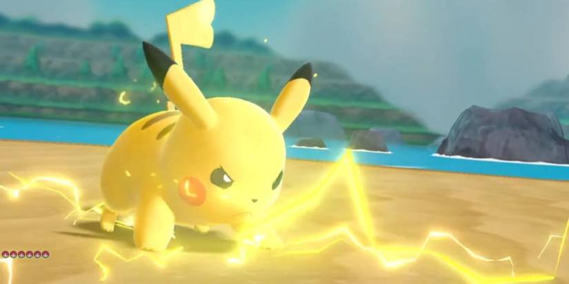 Pikachu using Zippy Zap in Pokemon Let's Go Pikachu.