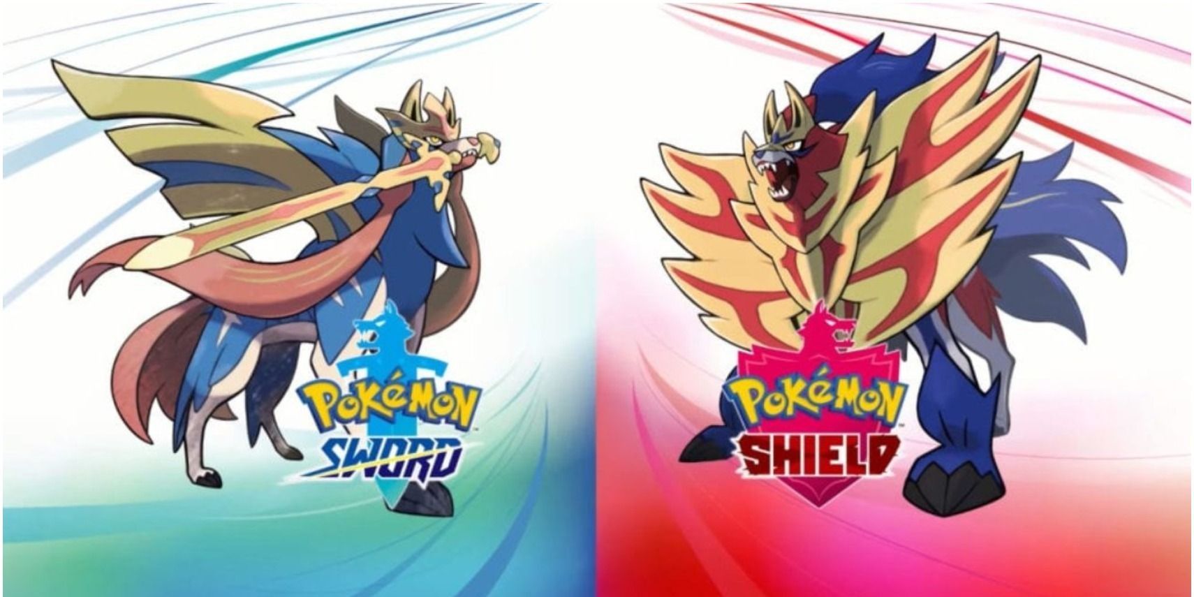 Official artwork for Pokemon Sword and Shield mascots, Zacian and Zamazenta.