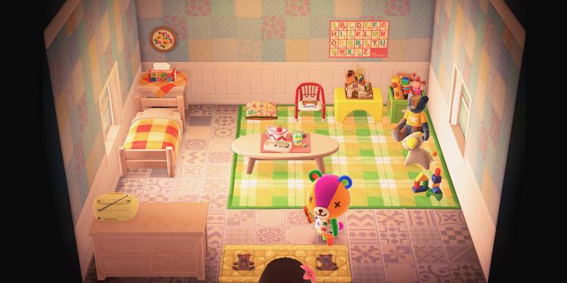Stitches in his house in Animal Crossing New Horizons.